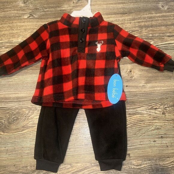 Bon Bebe Boys 2 Pc Shirt Pants Outfit Size 12m. Black/Red Fleece. NWT. 5 - Picture 1 of 6